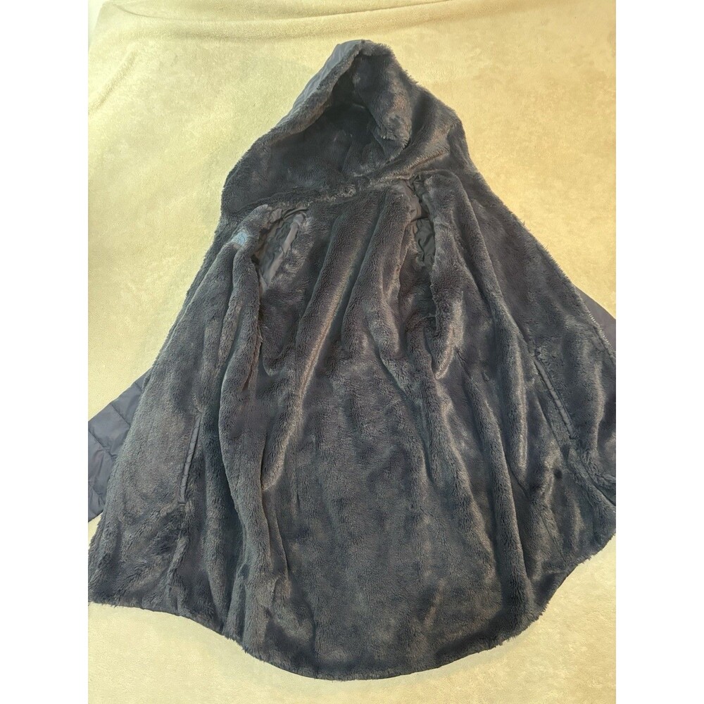 EUC North Face Women Small Mossbud Reversible Puffer Fleece Coat Navy Long Hood - Picture 4 of 11
